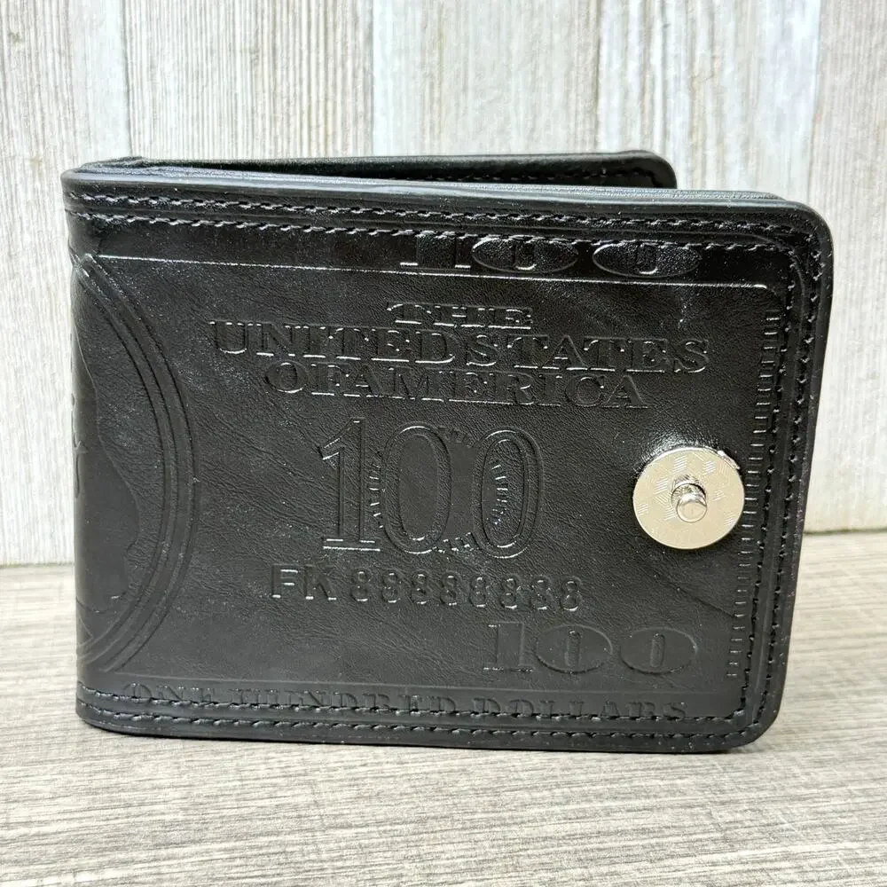 New Black $100 Bill Embossed Faux Leather Bifold Wallet Snap Closure ID Window